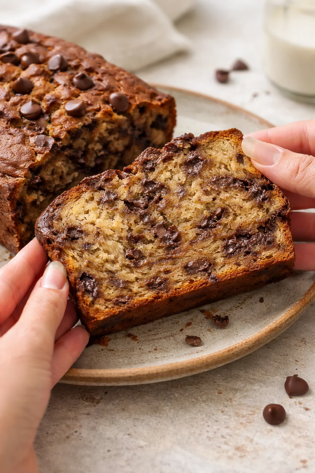 Slice of chocolate chip banana bread topped with chocolate chips and bananas