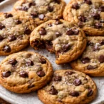 Freshly baked chocolate chip cookies on a cooling rack.