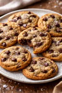 Freshly baked chocolate chip cookies on a cooling rack.