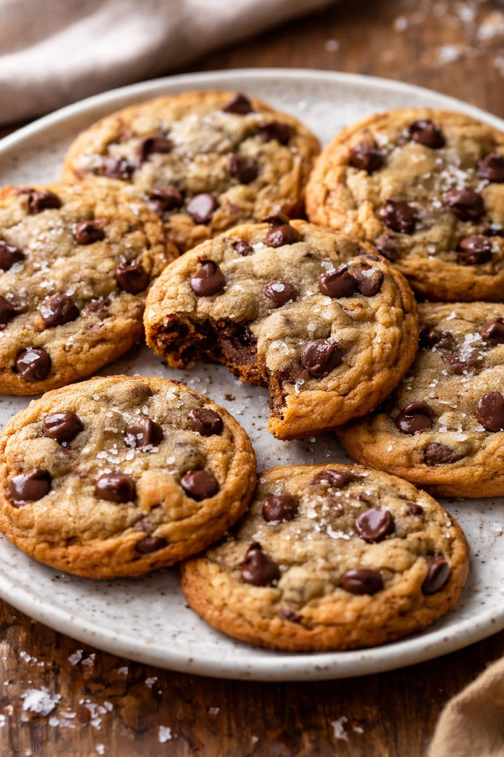 Freshly baked chocolate chip cookies on a cooling rack.