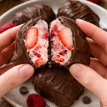 Chocolate strawberry yogurt clusters ready to eat as a sweet treat.