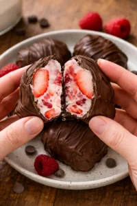 Chocolate strawberry yogurt clusters ready to eat as a sweet treat.