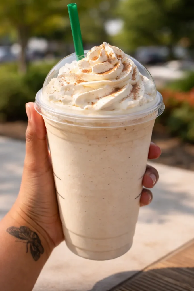 Cinnamon Roll Frappuccino topped with whipped cream and cinnamon dust