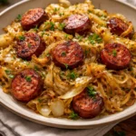 Classic fried cabbage and sausage dish served on a plate.