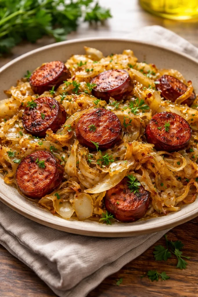 Classic fried cabbage and sausage dish served on a plate.