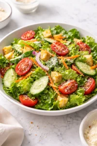 Classic house salad with fresh greens, tomatoes, cucumbers, and dressing.
