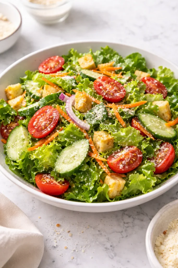 Classic house salad with fresh greens, tomatoes, cucumbers, and dressing.