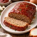 Delicious homemade classic meatloaf served with mashed potatoes and vegetables.