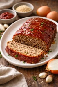Delicious homemade classic meatloaf served with mashed potatoes and vegetables.