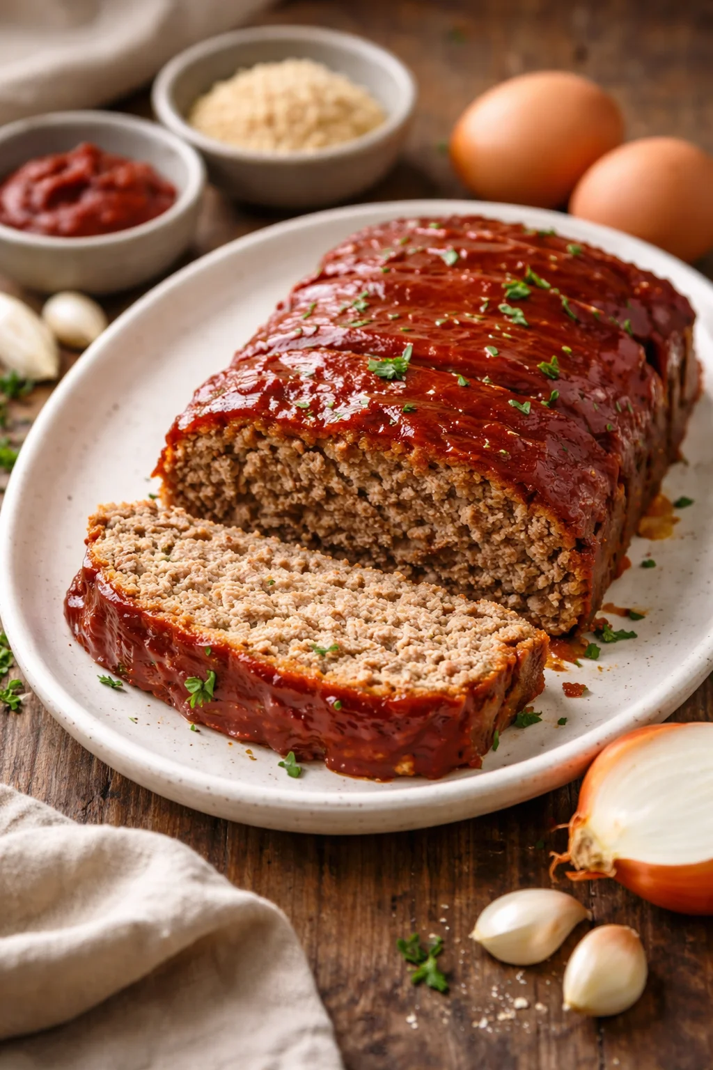 Delicious homemade classic meatloaf served with mashed potatoes and vegetables.