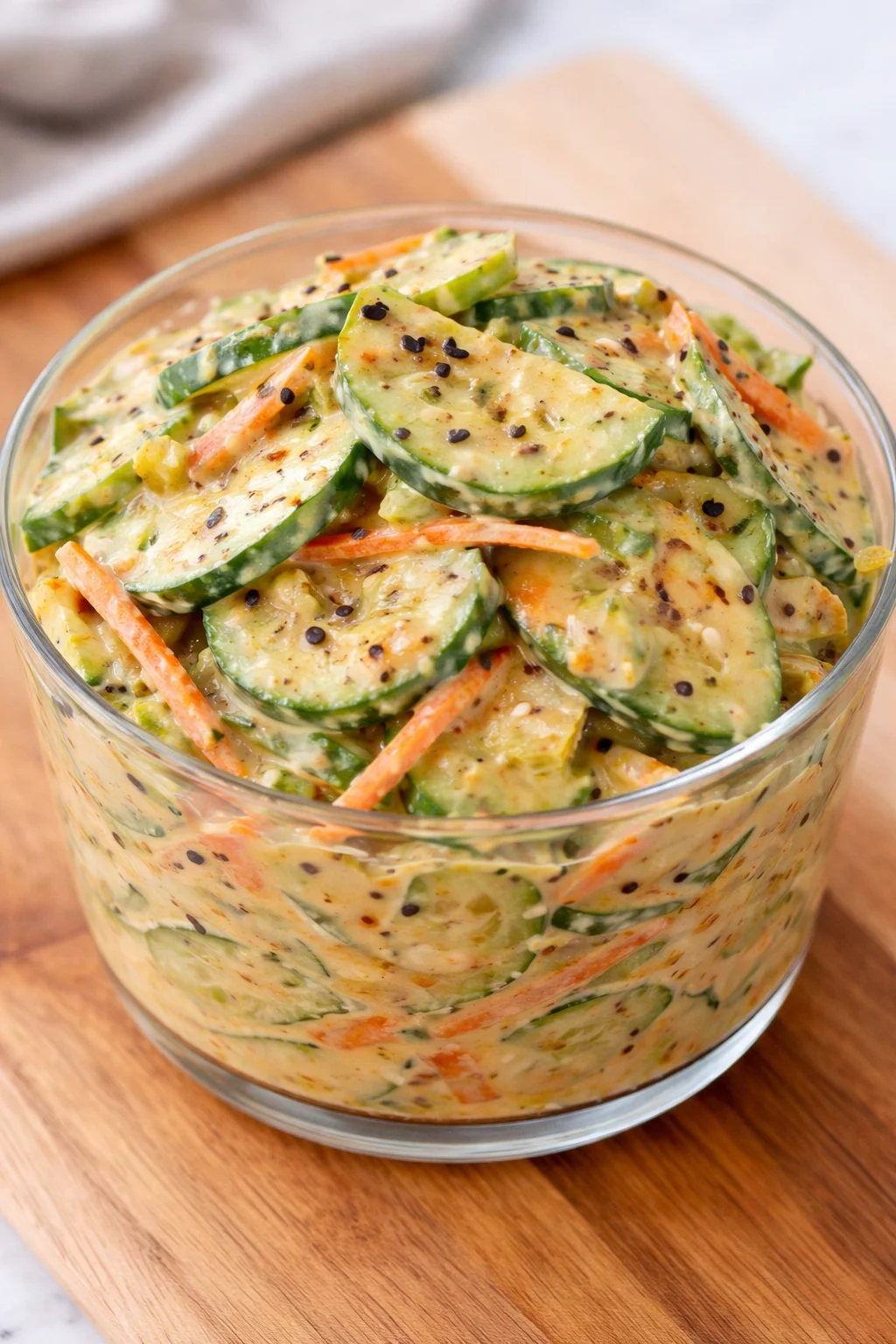 Creamy Asian cucumber salad bowl with fresh vegetables and dressing