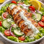 Crispy Greek Tzatziki Chicken Salad with fresh vegetables and grilled chicken