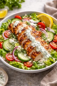 Crispy Greek Tzatziki Chicken Salad with fresh vegetables and grilled chicken