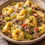 Crock Pot Cheesesteak Tortellini with cheese and peppers