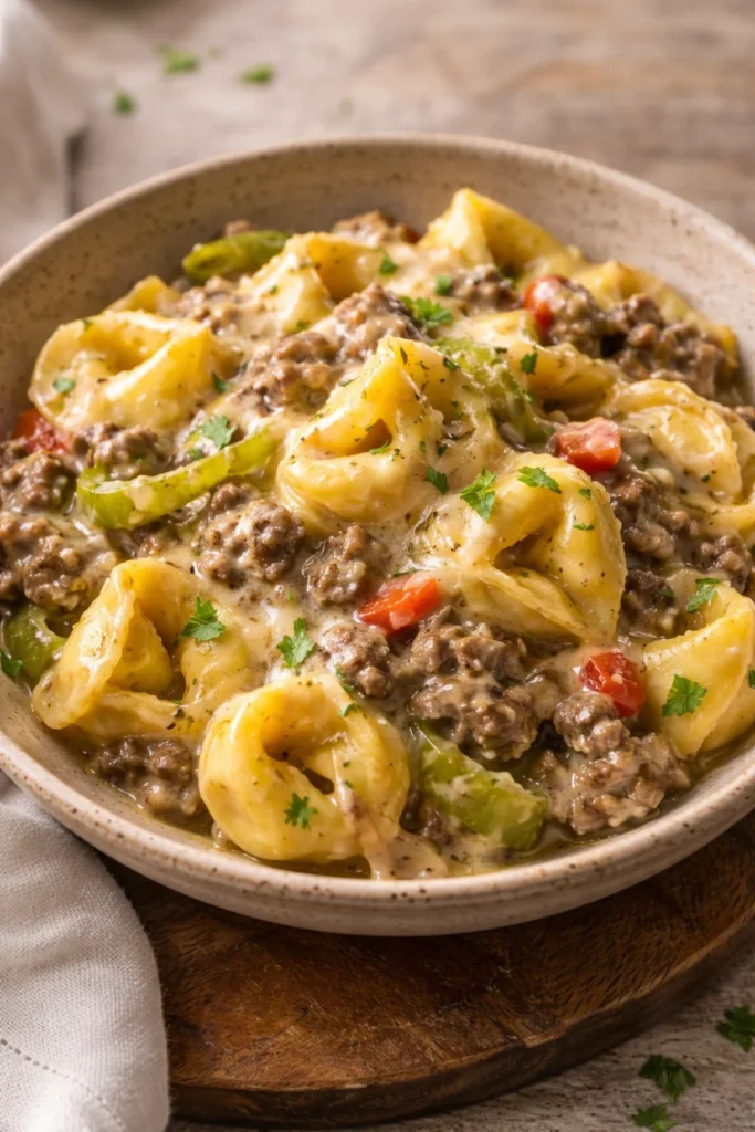 Crock Pot Cheesesteak Tortellini with cheese and peppers