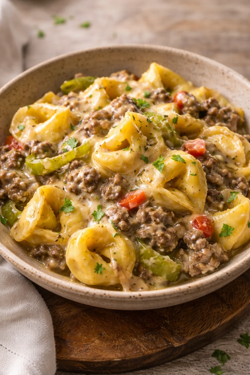 Crock Pot Cheesesteak Tortellini with cheese and peppers