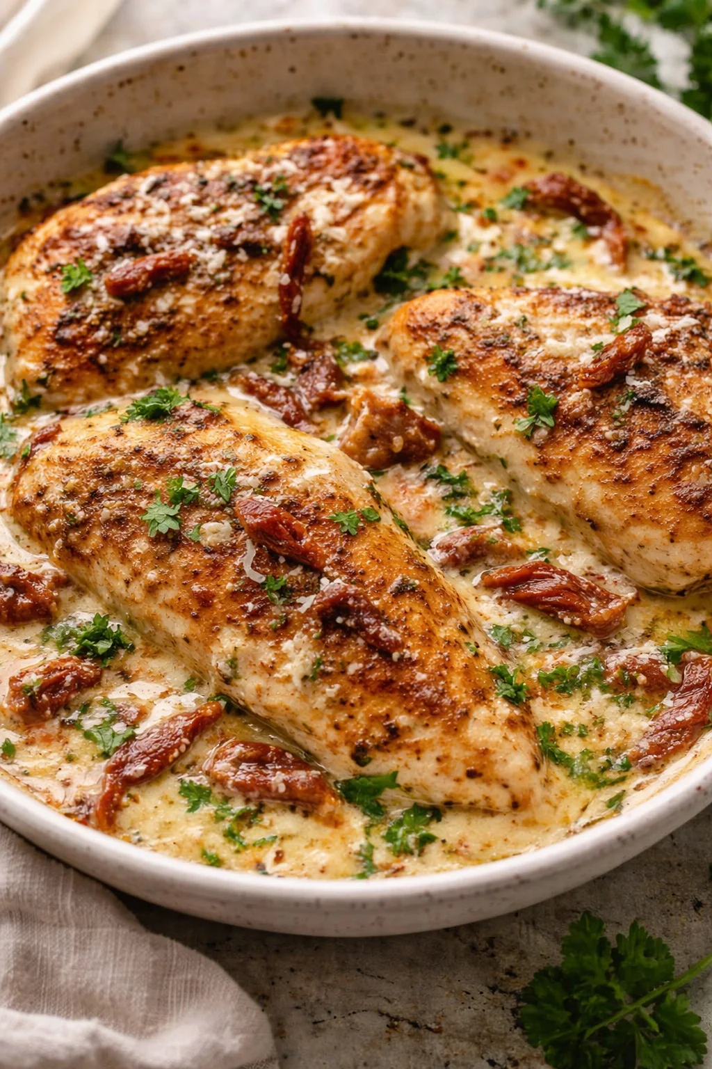 Crock Pot Marry Me Chicken served with creamy sauce and herbs