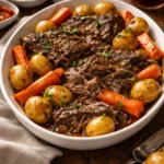 Delicious crock pot pot roast served with vegetables and herbs.