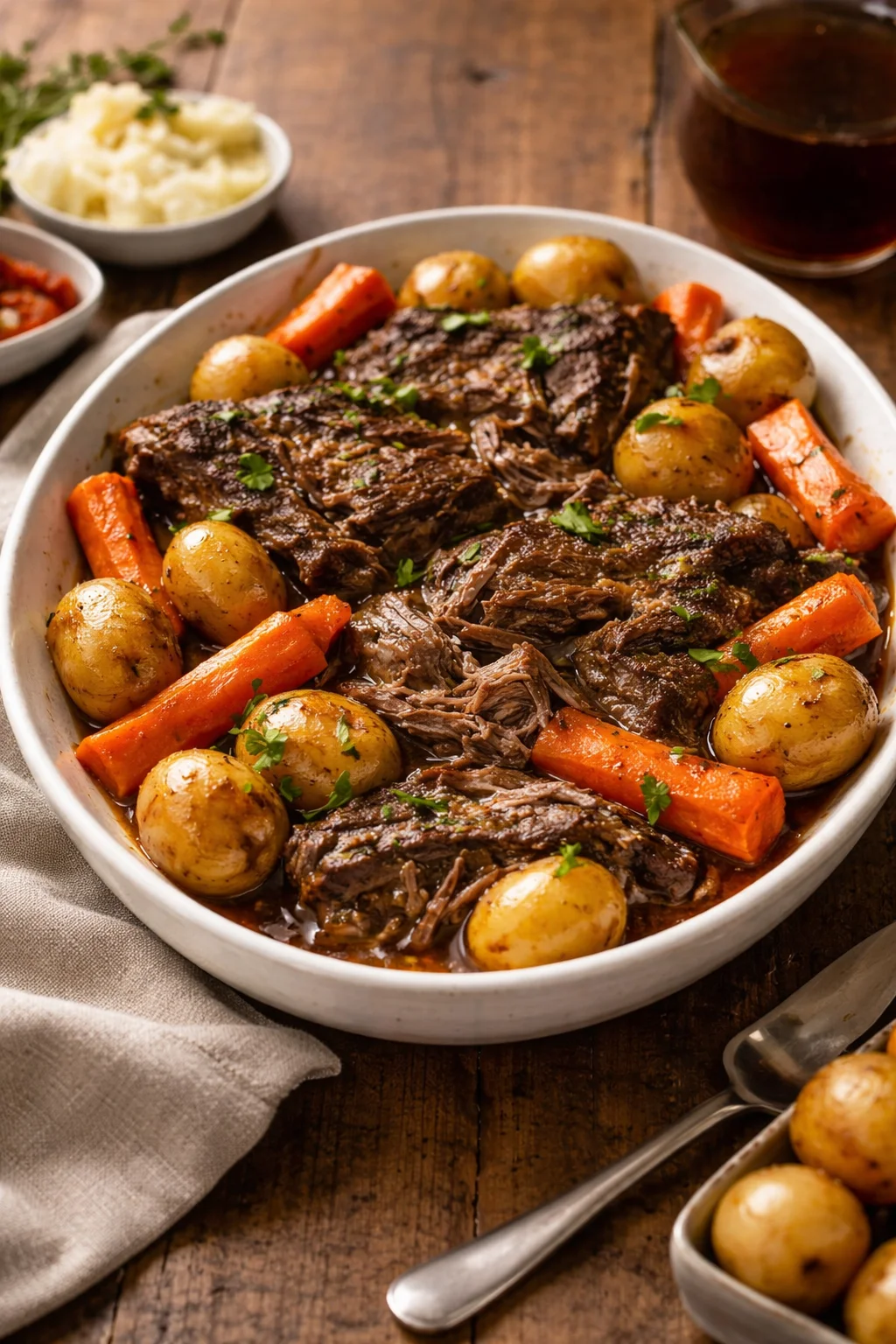 Delicious crock pot pot roast served with vegetables and herbs.