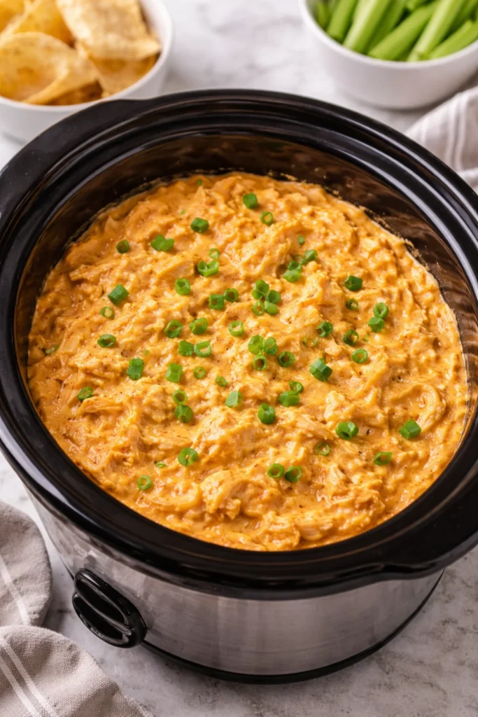 Delicious Crockpot Buffalo Chicken Dip served in a bowl with tortilla chips