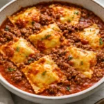 Delicious Crockpot Ravioli Lasagna served in a bowl with cheese and herbs