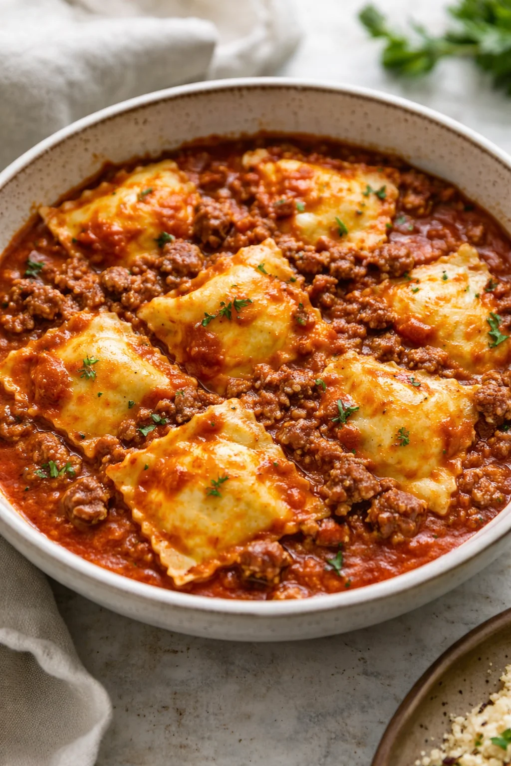 Delicious Crockpot Ravioli Lasagna served in a bowl with cheese and herbs