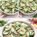 Fresh cucumber dill salad served in a bowl, topped with herbs.