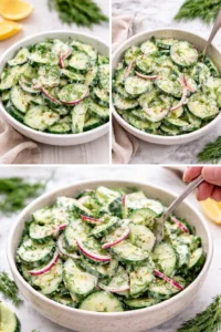 Fresh cucumber dill salad served in a bowl, topped with herbs.