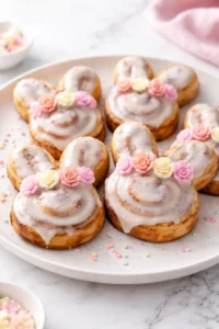 Easter-themed cinnamon rolls shaped like bunnies for festive brunch.