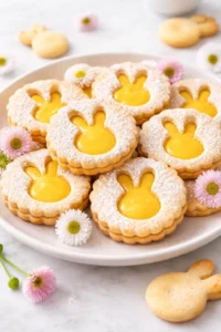 Easter Lemon Linzer cookies decorated with frosting and colorful sprinkles