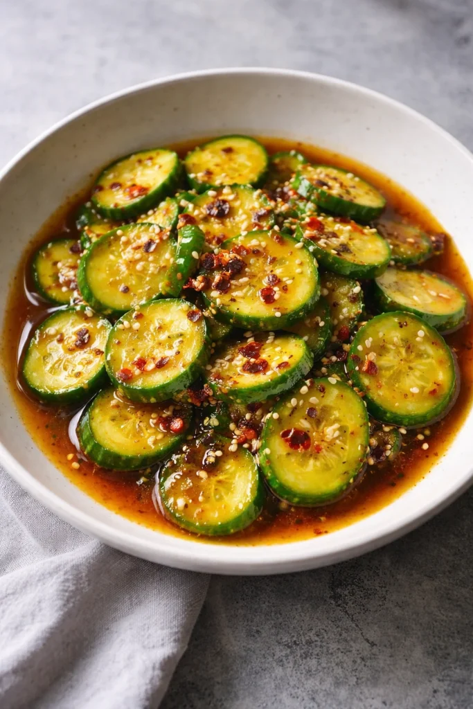 Bowl of easy Asian cucumber salad with fresh vegetables and dressing