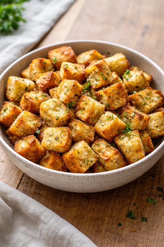 Easy baked croutons made from fresh bread, perfect for adding crunch to salads.