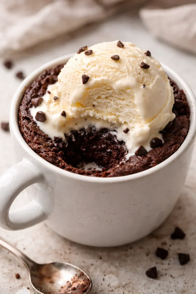 Easy eggless mug brownie in a microwavable mug, topped with chocolate chips.