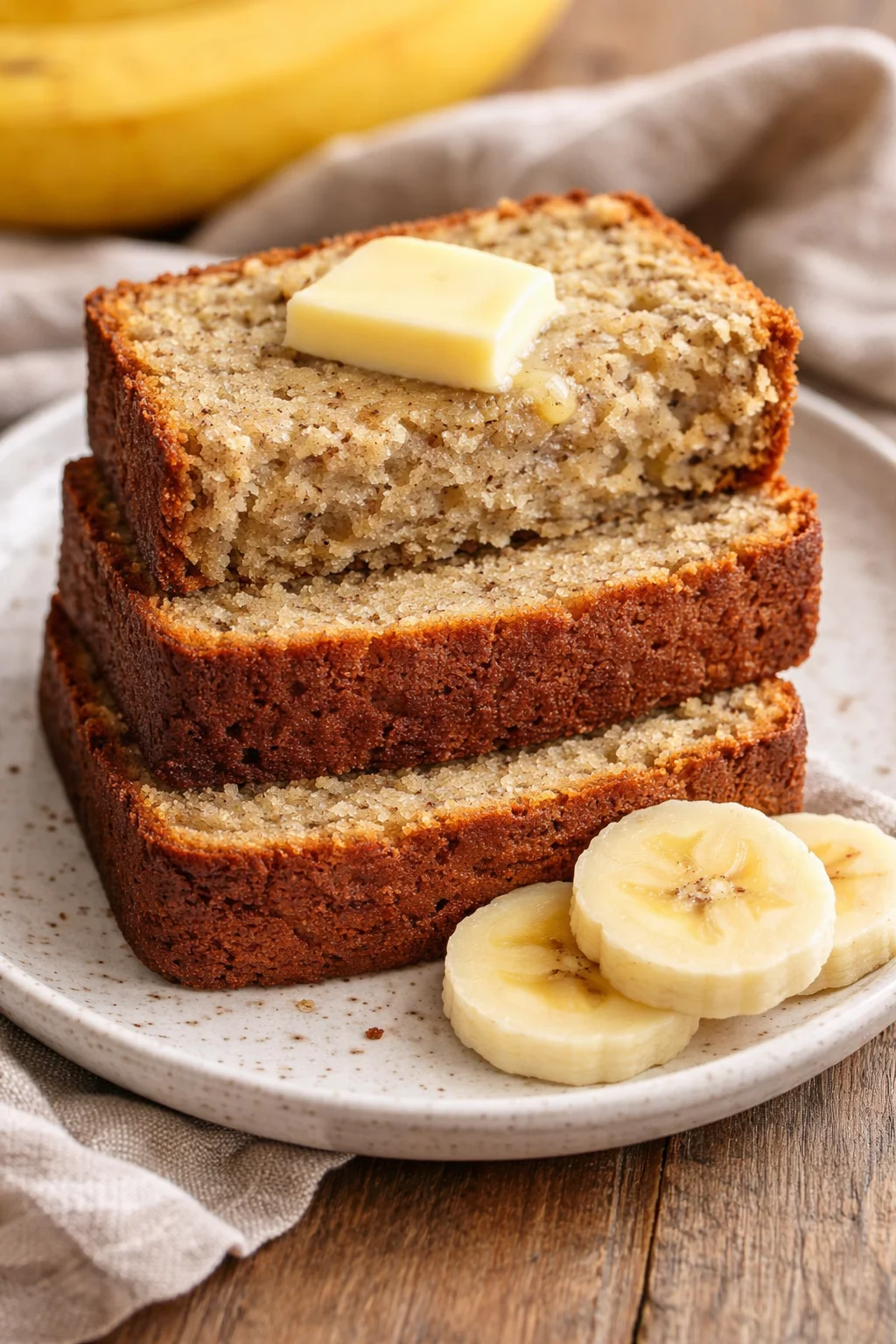 Sliced easy moist banana bread on a wooden cutting board