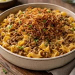 Delicious Family French Onion Hamburger Casserole baked with cheese and caramelized onions