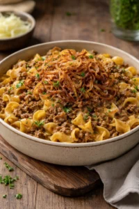 Delicious Family French Onion Hamburger Casserole baked with cheese and caramelized onions
