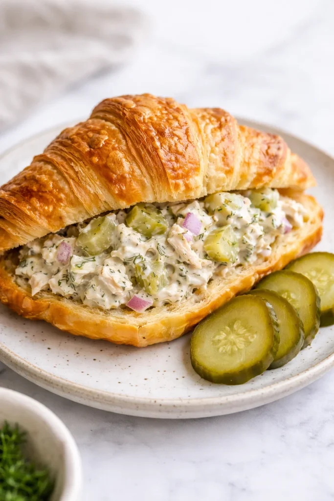 Bowl of flavored Dill Pickle Chicken Salad with diced veggies and pickles