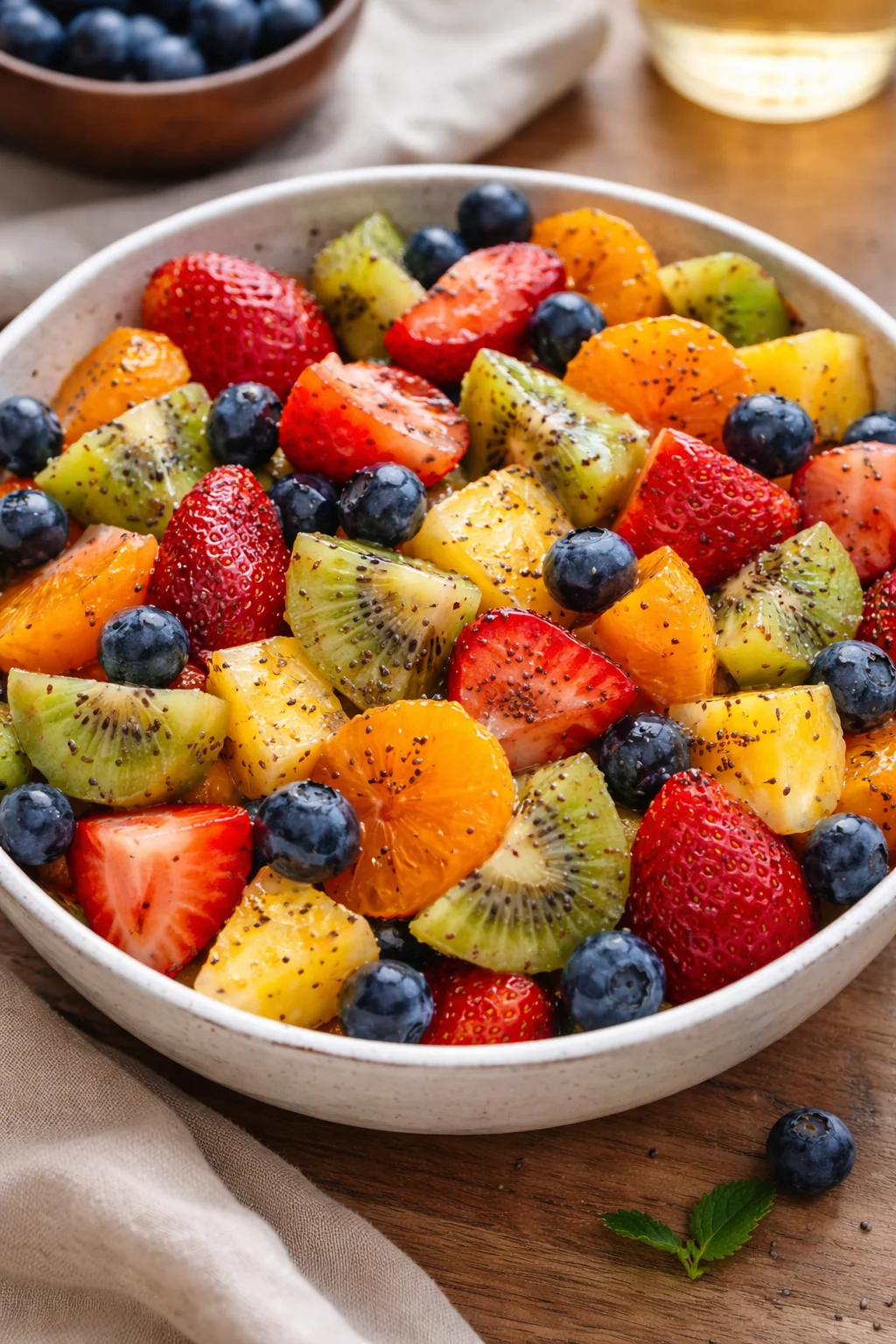 Fresh fruit salad topped with honey lime poppy seed dressing