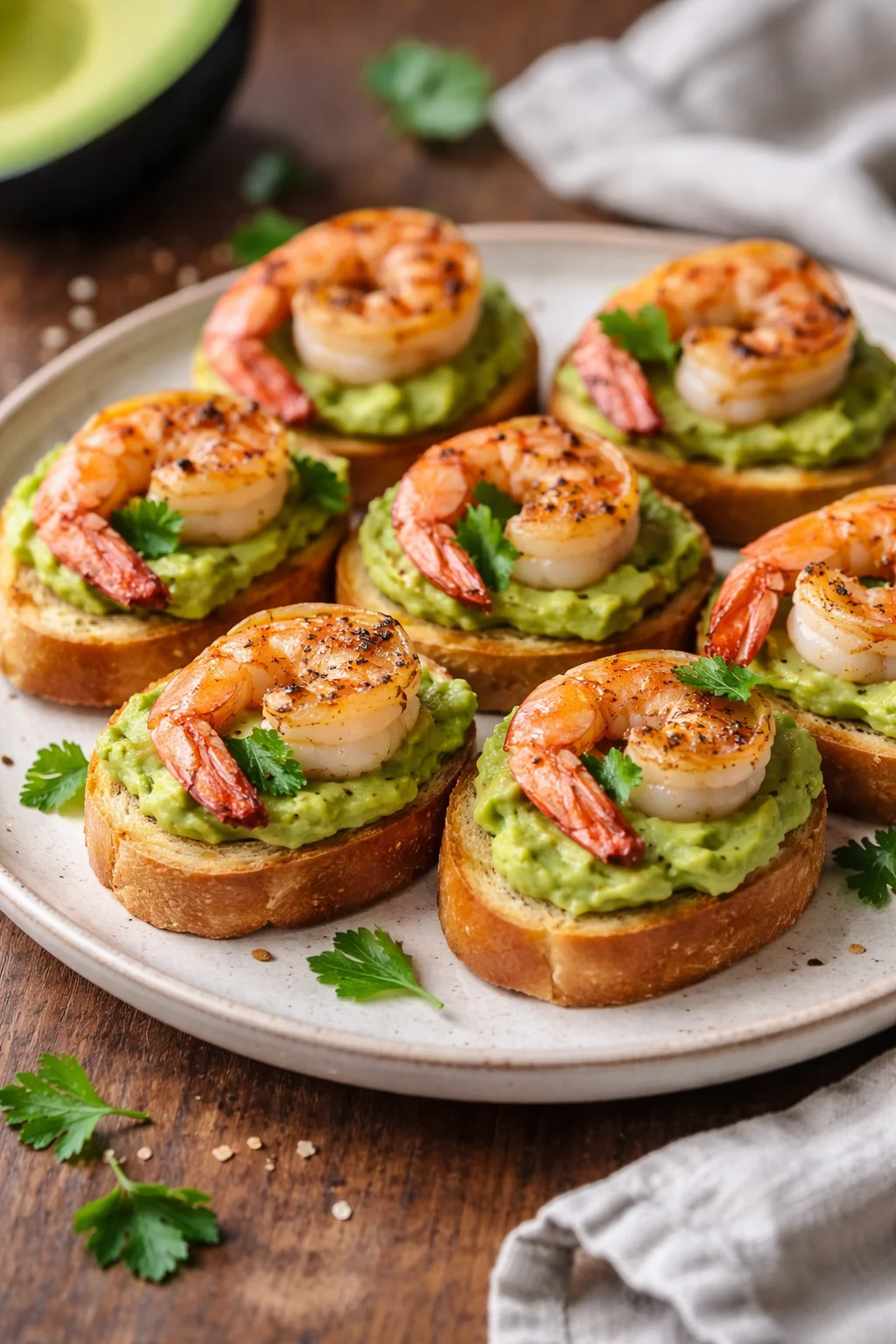 Garlic shrimp crostini topped with creamy avocado on toasted bread