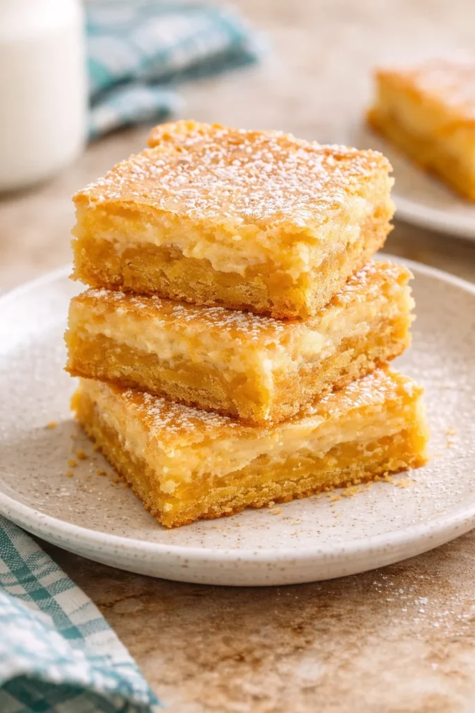 Delicious slice of Gooey Butter Cake with a moist, gooey texture and golden crust.
