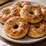 Freshly baked Greek Yogurt Bagels on a rustic wooden table