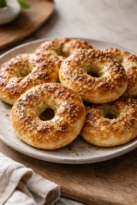 Freshly baked Greek Yogurt Bagels on a rustic wooden table