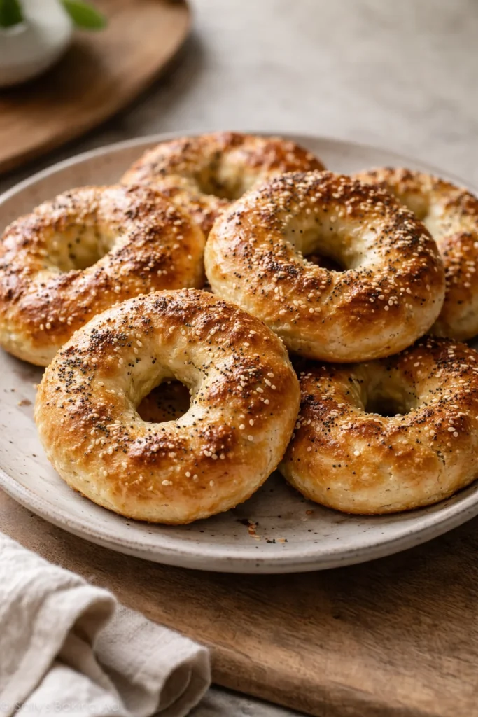 Freshly baked Greek Yogurt Bagels on a rustic wooden table