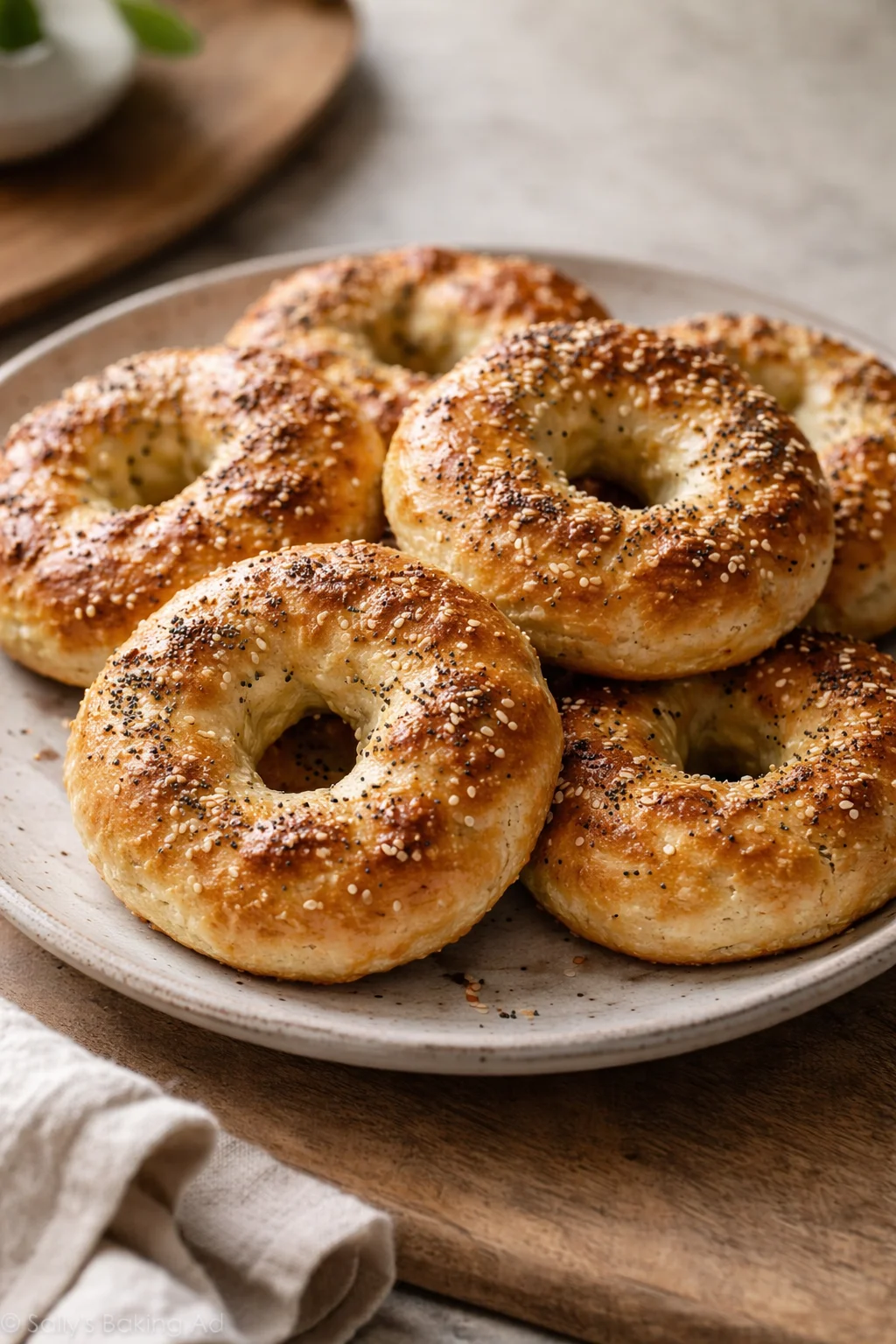 Freshly baked Greek Yogurt Bagels on a rustic wooden table