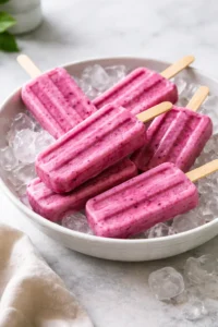 Greek yogurt popsicles with berries in a vibrant summer setting.