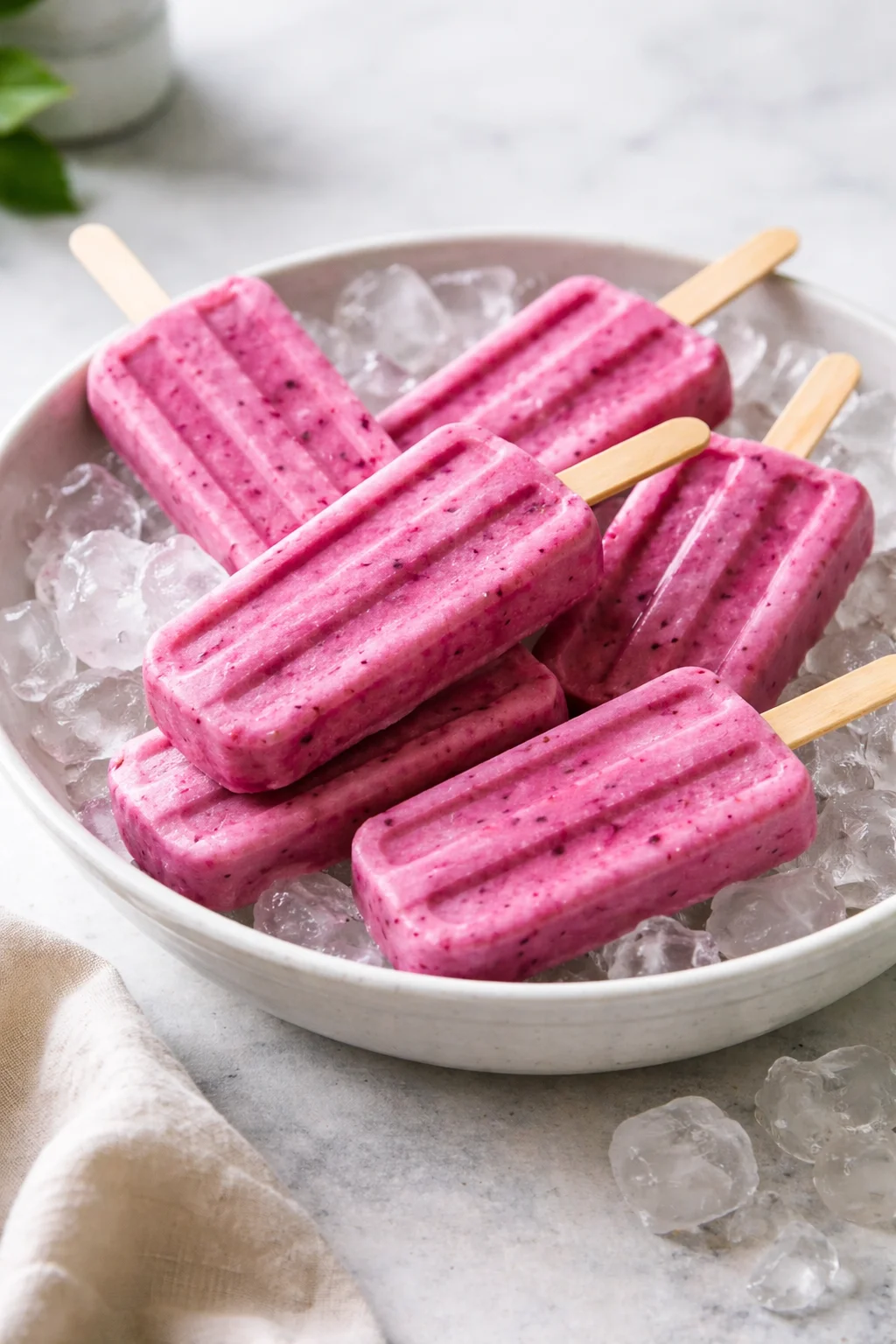 Greek yogurt popsicles with berries in a vibrant summer setting.