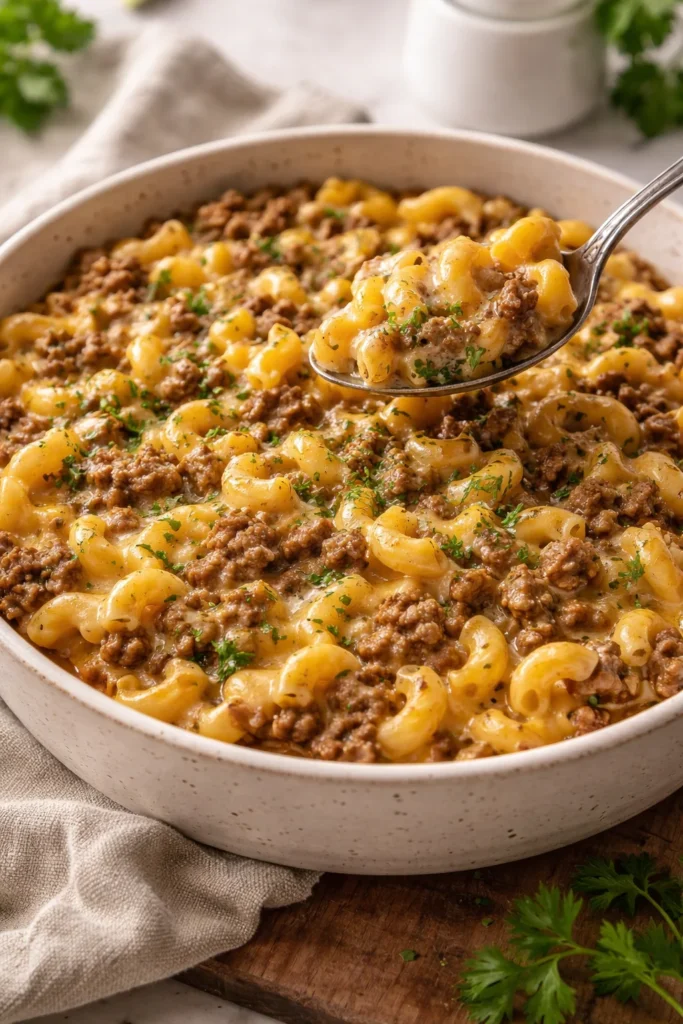 Ground Beef Hamburger Casserole baked in a dish, garnished and ready to serve.