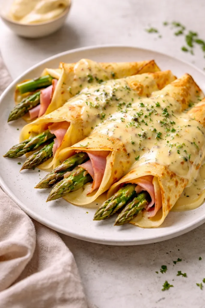Delicious Ham and Asparagus Crepes served with a side salad
