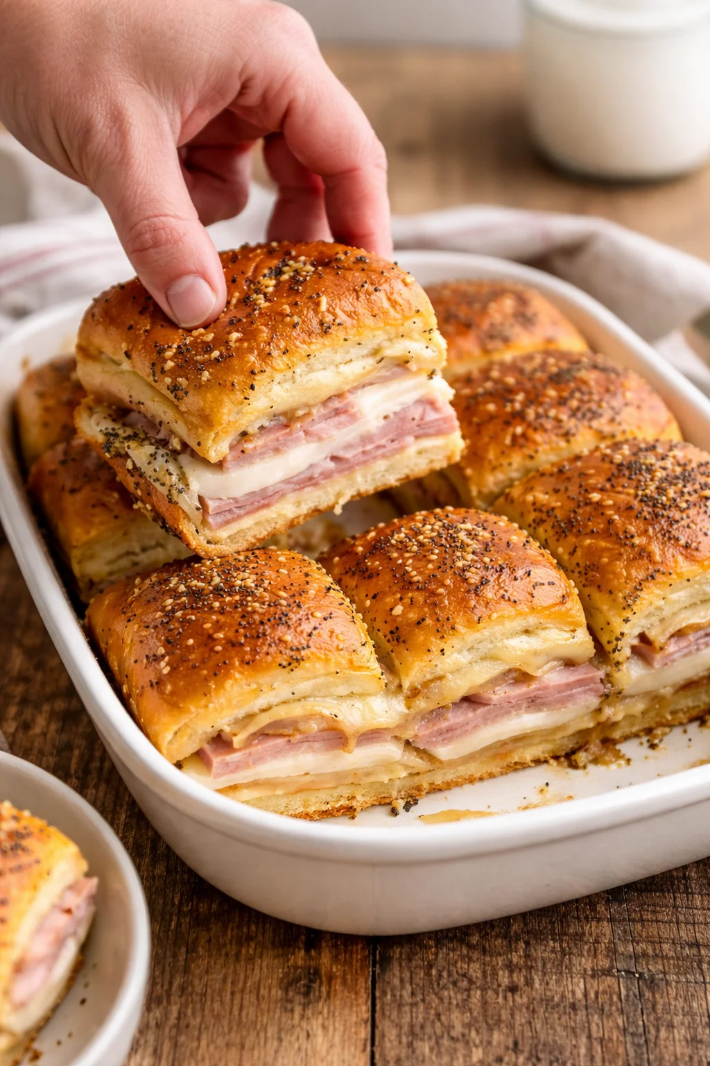 Delicious ham and cheese sliders served on a platter for parties and gatherings.