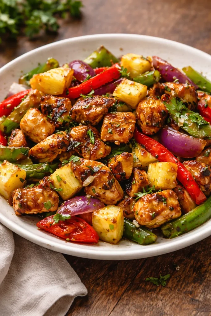 Hawaiian Chicken Sheet Pan meal featuring chicken, pineapple, and vegetables